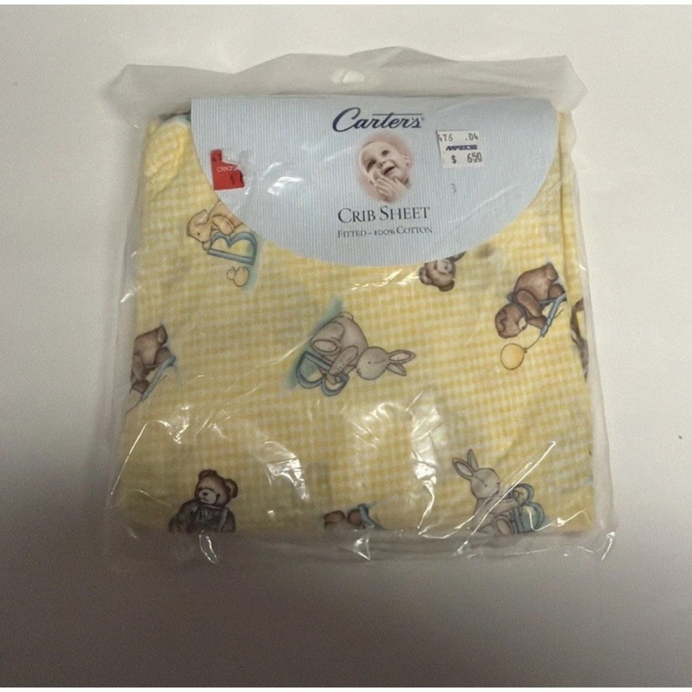 Vintage Teddy Bear Fitted Crib Sheet Yellow Gingham Nursery Baby Carters New